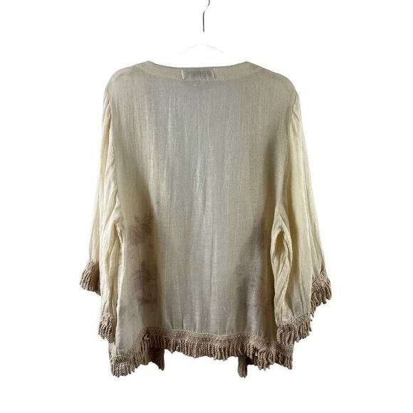 Vintage Havana Linen Embroidered Fringe Kimono Cream Small Boho Cottagecore - Picture 4 of 8